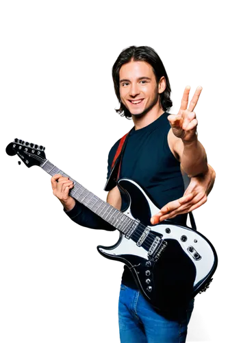 Electric guitar, shiny metal body, bright colorful wallpaper background, vibrant stripes pattern, dynamic pose, playing action, fingers pressing strings, pick in hand, amplifier nearby, cable plugged 