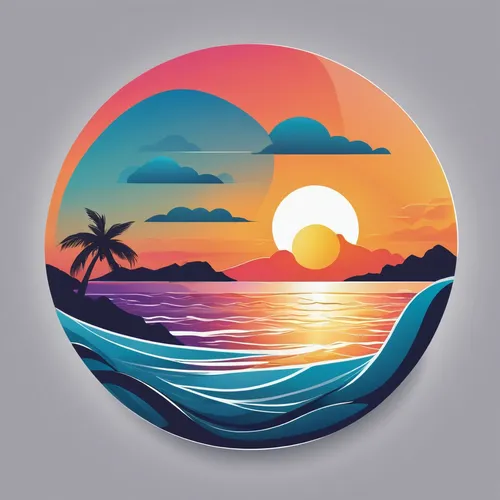 Create a bright, captivating aesthetic picture of a sunset over the ocean.,summer icons,beach ball,palm tree vector,spotify icon,soundcloud icon,circle icons,dribbble icon,ocean background,download ic