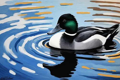 bufflehead,duck on the water,greater scaup,ornamental duck,mallard,bird painting,lesser scaup,goldeneye,waterfowl,canard,cayuga duck,american black duck,hooded merganser,glass painting,duck outline,loon,water fowl,digital painting,green winged teal (american),pintail,Conceptual Art,Oil color,Oil Color 10