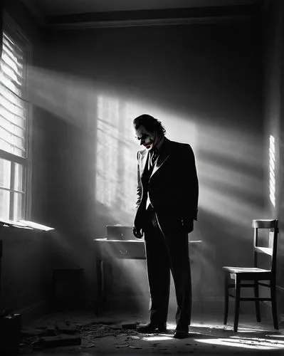 The Joker sat in the corner of an empty messy room with minimal lighting, only light coming in from the window, dust flying around, dramatic lighting,film noir,clemenza,garrel,silhouette of man,man si