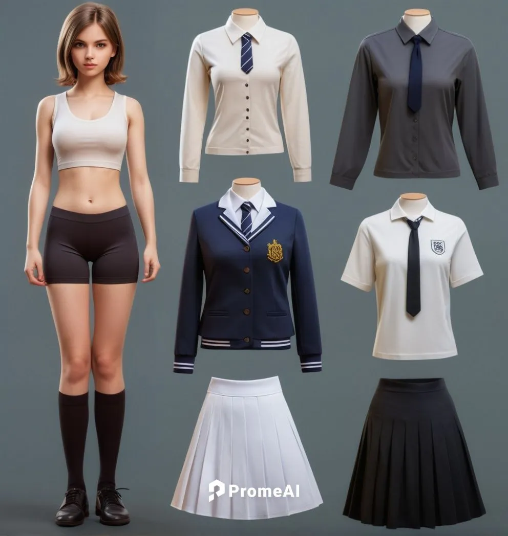 Paper dolls British 16 year old schoolgirl in black sleeveless shirt ,black tight fit spandex shorts with black sock and black shoe standing surrounded by with a set of British school uniform, white d