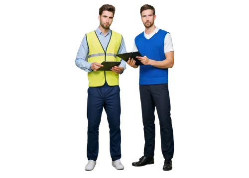 warehouse worker, male, young adult, blue vest, white shirt, black pants, holding clipboard, standing, legs apart, serious expression, realistic, soft lighting, 3/4 composition, shallow depth of field