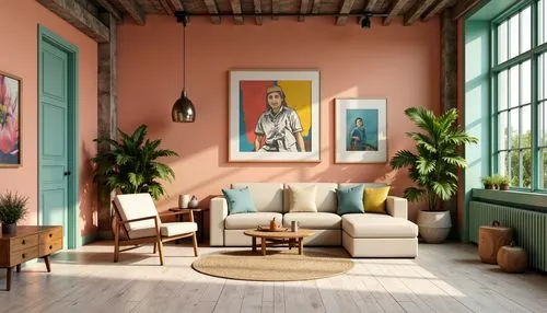 sitting room,living room,livingroom,loft,modern decor,interior decor,contemporary decor,interior design,apartment lounge,boho art style,interior decoration,home interior,3d rendering,gold-pink earthy colors,bohemian art,modern living room,decor,boho art,an apartment,great room