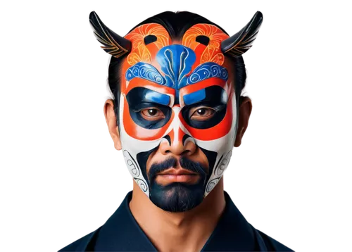 Traditional Japanese mask, ornate design, bold black lines, vibrant colors, samurai-inspired, fierce expression, sharp facial features, intricate details, worn on male face, strong jawline, intense ga