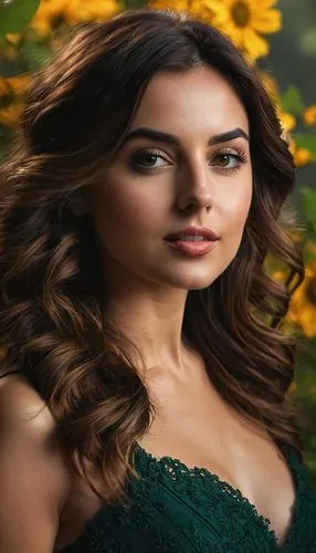 Ideal woman like young Ana de Armas: Height 1.75 meters, brunette hair, brown or hazel eyes. Wears a short dress, stockings, and high heels, radiating sensuality. Personality: warm, loving, devoted to