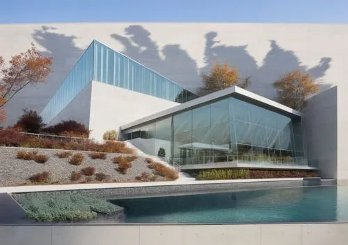 there is a building with many windows near a pool,modern house,futuristic art museum,renderings,modern architecture,snohetta,dunes house,Photography,Artistic Photography,Artistic Photography 04