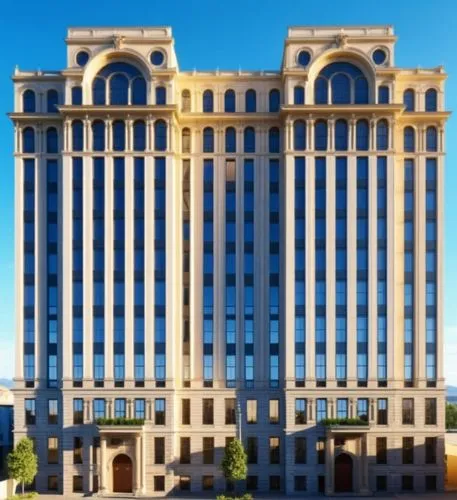 a very tall building sitting next to a grassy field,mgimo,kempinski,astana,borgata,rotana,caesars palace,Photography,General,Realistic