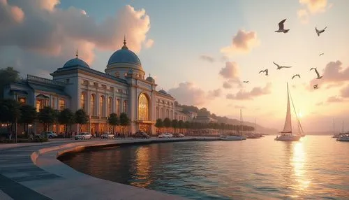 Lakefront office buildings, Byzantine influence, modern architecture, luxurious facade, grand entrance, arched windows, domed roof, marble columns, ornate details, golden accents, waterfront promenade