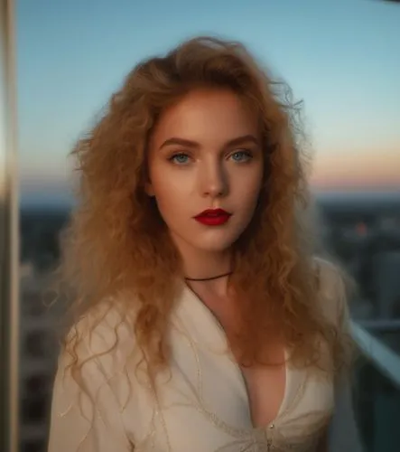 portrait half body of s beautiful caucasian girl 23 years old, red curly hair, blue eyes, red lips. wearing a white dress stand up in a balcony at sunset whit the buildings as background in 4k,the wom