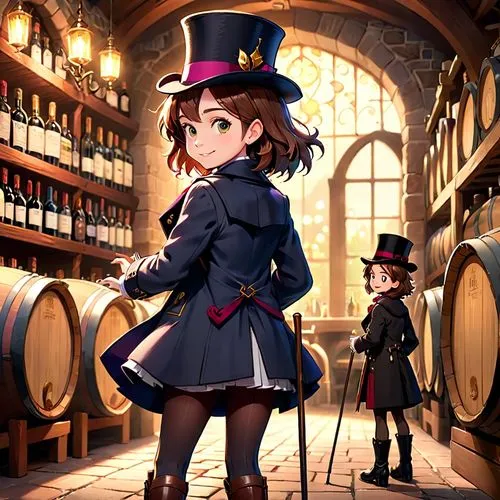 akko,barmaid,winemaker,french digital background,bartender,brandy shop,wine barrel,wine tavern,pub,game illustration,figaro,bar,port wine,winery,cellar,pinocchio,liqueur,vinpearl land,drinking establishment,apfelwein,Anime,Anime,Cartoon