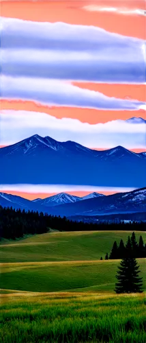 Mountainous landscape, Montana state, vast open space, rolling hills, snow-capped mountains, pine trees, misty atmosphere, warm sunset light, panoramic view, 3/4 composition, shallow depth of field, s