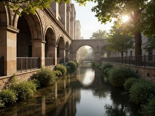 Ancient stone arches, ornate Byzantine details, majestic bridge structures, tranquil water reflections, misty morning atmosphere, warm golden lighting, shallow depth of field, 1/2 composition, symmetr