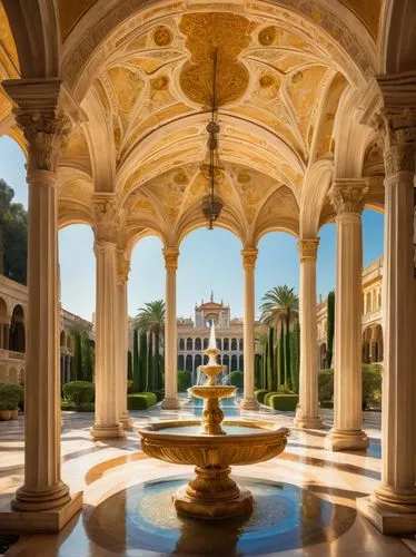 alcazar of seville,alhambra,water palace,decorative fountains,garden of the fountain,seville,villa cortine palace,alcazar,dorne,sevilla,mafra,marble palace,ringling,ritzau,palladianism,queluz,umayyad palace,sintra,floor fountain,pedralbes,Illustration,Retro,Retro 14