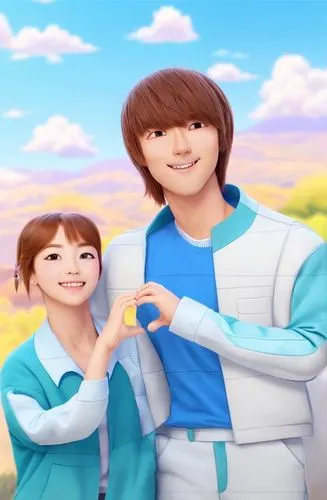 Un actor y actriz sur coreanos mostrando un corazon con sus manos se encuentran en una seccion fotografica,Anime boy and girl,upin,hideharu,couple boy and girl owl,janco,heartstrings,idealizes,Common,