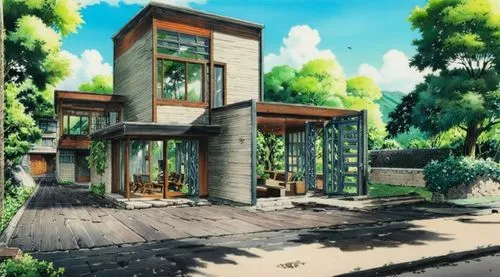 the building is made up of wood and has an open porch,forest house,house in the forest,dreamhouse,zoku,mizutori,beautiful home,Illustration,Japanese style,Japanese Style 14