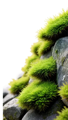 Cartoonish moss, bright green, fluffy texture, rounded shapes, scattered on rocks, whimsical atmosphere, soft focus, warm color tone, shallow depth of field, vibrant highlights, playful composition, 3