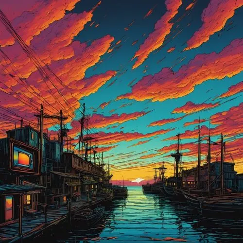  The sky above the port was the color of television, tuned to a dead channel. ,coast sunset,harbor,dusk,osaka bay,tidal wave,acid lake,bay,sailboats,ocean,would a background,sunset,japanese wave,aesth