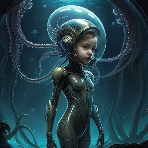 deep sea diving,deep sea,nautilus,deep sea nautilus,cephalopod,octopus,undersea,under sea,cephalopods,aquanaut,silver octopus,water nymph,medusa,scuba,octopus tentacles,cnidaria,calamari,sci fiction illustration,bottom of the sea,tentacles,Illustration,Realistic Fantasy,Realistic Fantasy 40