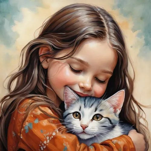 tenderness,little boy and girl,cat lovers,oil painting,oil painting on canvas,child portrait,little girl and mother,cat love,romantic portrait,affection,little girls,children's background,art painting,childs,sweetness,warm heart,tender,little girl,cute cat,cute cartoon image,Conceptual Art,Daily,Daily 34