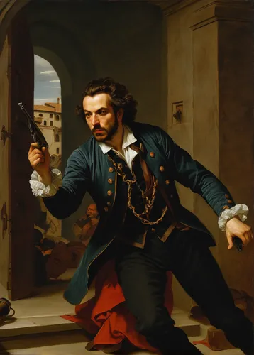 man holding gun and light,tower flintlock,italian painter,holding a gun,barberini,flintlock pistol,a carpenter,winemaker,gullivers travels,capital escape,conquistador,bernini,bougereau,assassination,leonardo devinci,bombardino,florentine,musketeer,clockmaker,throwing knife,Art,Classical Oil Painting,Classical Oil Painting 26