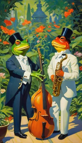 Imagine a whimsical world where jazz frog garden ornaments are the rulers, discussing their grand plans for a magnificent jazz concert.,musicians,jazz frog garden ornament,frogs,frog background,orches