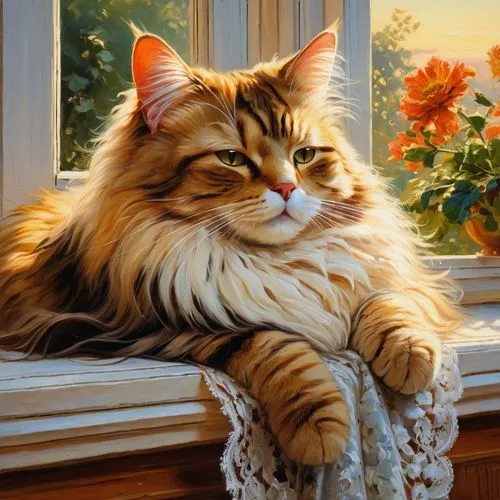 cat sleeping on windowsill. victorian, beautiful, plussize, long_wavy_hair, golden hour, young, lace, light_brown_hair, flower, masterpiece, warm colors, summer, oil painting by James Gurney,a cat sit