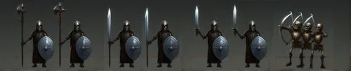 Miniature of fantasy darkness warrior soldier and Dark knight ,several images of weapons with arrows arranged in the same pattern,tridents,halberds,polearms,tribal arrows,decorative arrows,inward arro