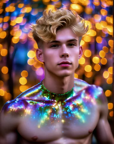 male elf,merman,austin stirling,prismatic,disco,colored lights,male model,neon body painting,iridescent,candy boy,fairy dust,faun,bokeh lights,disco ball,neon light,glittering,ryan navion,glitter,fairy lights,george russell,Photography,Artistic Photography,Artistic Photography 05