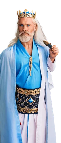 God, profile picture, solo, majestic beard, long white hair, golden crown, piercing blue eyes, strong facial features, muscular chest, robes with intricate designs, holding scepter, gentle smile, soft