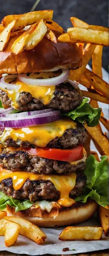 Imagine a mouthwatering recipe for a cheddar-stuffed burger topped with caramelized onions and served with crispy fries.,row burger with fries,hamburger fries,cheeseburger,burger and chips,grilled foo