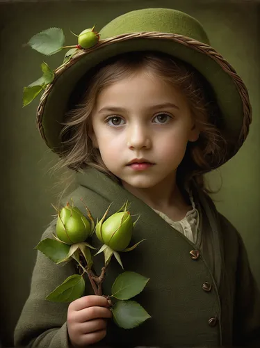 Write a romantic poem about the allure of green rose hips.,child portrait,girl picking flowers,innocence,bouguereau,young girl,young leaf,little girl fairy,the little girl,flower girl,girl with tree,g