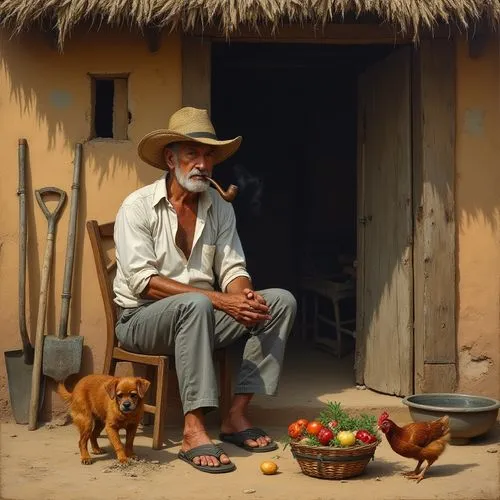 Create a detailed and ultra realistic scene of an older farmer sitting on a small wooden stool in front of his rustic clay house. He is calmly smoking a pipe, resting after a day of work. The house ha