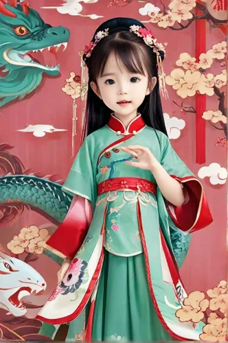 in the middle of the picture is a Chinese-style cheongsam, character design inspired by anime style, Japanese folk art, surrounded by clothing and accessories of the same style, fisheye lens, up view,