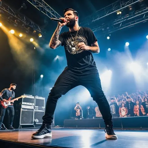 A day to remember performing on stage,a man on stage with microphone, with other men on the other side,scroobius,stocke,nonbanks,frankmusik,drapht,emmure,Photography,General,Realistic