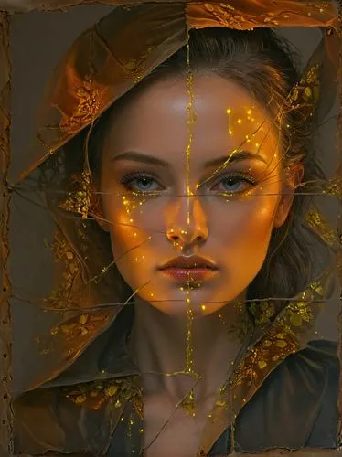 a woman with gold makeup and a mirror reflection,gold leaf,gold foil art,golden frame,mystical portrait of a girl,portrait background,fantasy portrait,Illustration,Realistic Fantasy,Realistic Fantasy 