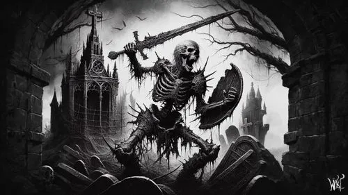 a skeleton standing in front of an old gate with a cross,undercity,shadowgate,ravenloft,undermountain,necromancer,underdark