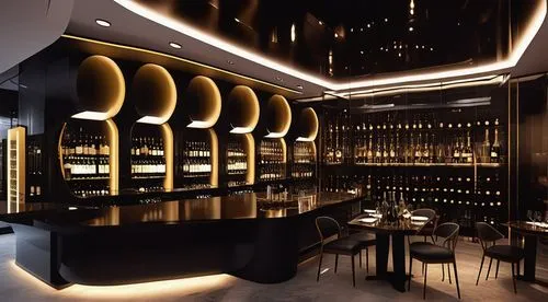 This space is a wine bar space, creating a vintage space with an overall heavy atmosphere. Use dark, glossy stone for the floor, add lighting to the cylindrical object, and express a detailed wine bar