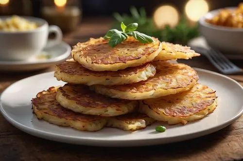 a plate of hash browns,a plate of hash browns,potato pancakes,potato cakes,ham pancakes,potato patties,potato pancake,latkes,Photography,General,Commercial