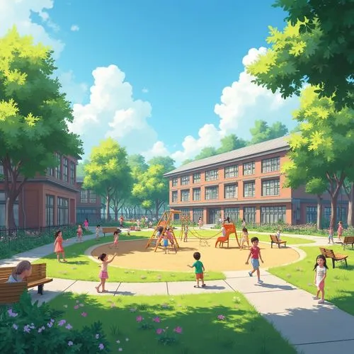 schoolyard,dormitory,schoolyards,dorms,school design,townsquare,townsite,streamwood,basketball court,recess,springfields,acpc,playground,schoolbreak,summer day,kindergarten,springside,thatgamecompany,netherwood,game illustration,Photography,General,Realistic