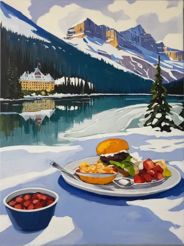 """No 833 Lunch at the Chateau Lake Louise Hotel"" original fine art by Robin J Mitchell",fairmont chateau lake louise,snowy still-life,lake louise,alpine restaurant,whistler,cream tea,still life with