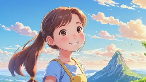 studio ghibli,akko,agnes,cute cartoon character,a girl's smile,cute cartoon image,children's background,girl and boy outdoor,wonder,landscape background,little girl in wind,rapunzel,mountain world,hiyayakko,girl in overalls,anime cartoon,background image,animated cartoon,background images,matsuno,Illustration,Japanese style,Japanese Style 01