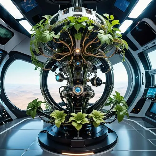 Photorealistic lifelike 4K.  A strange non-terrestrial species of sentient highly intelligent plants with prehensile vines and tendrils wearing complex and detailed friendly looking high-tech futurist