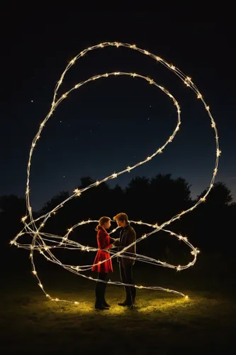 Create a romantic story where two star-crossed lovers find each other through a wire entanglement.,drawing with light,lightpainting,light painting,lantern string,light drawing,light art,fire poi,spark