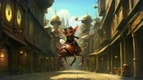 ANIME GIRL CUTE STEAMPUNK FANTASY CHARACTER,a painting depicting a woman riding a red horse,bremen town musicians,dullahan,elves flight,caballus,rincewind,weehl horse