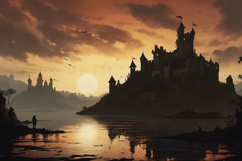 Craft a gloomy and mysterious Thorfinn avatar with an abandoned castle silhouette.,fantasy landscape,imperial shores,water castle,castle of the corvin,gold castle,fantasy picture,knight's castle,fanta