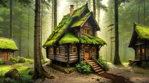 a house is standing in a forest next to some trees,house in the forest,forest house,treehouses,fairy house,tree house,log cabin,little house,log home,wooden houses,wooden house,fairy village,greenhut,