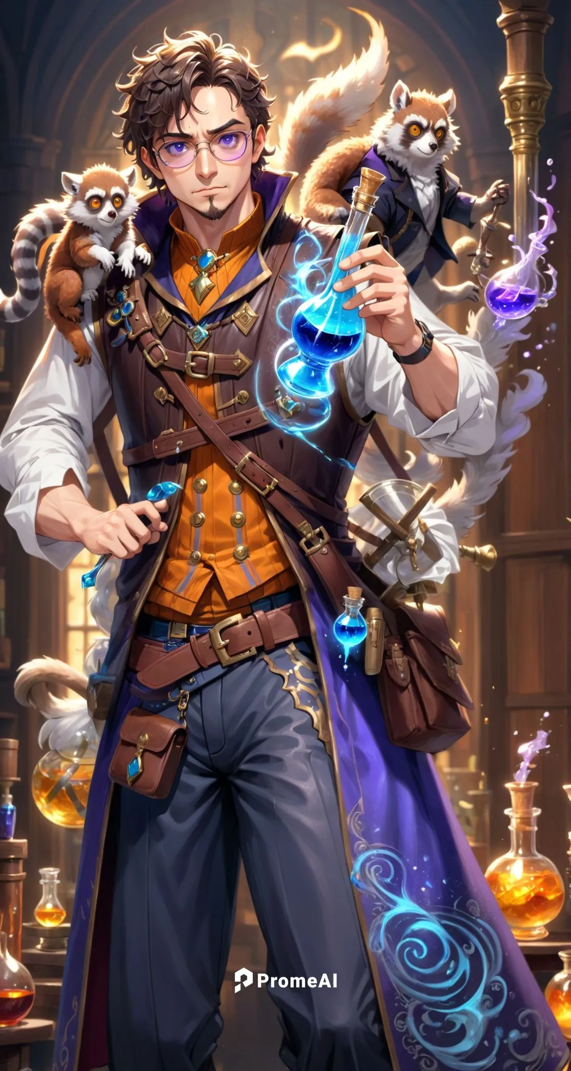 A male alchemist or scientist, Curly Coarse and messy hair, Wide face, Wearing sunglass, dressed in a brown, detailed leather vest adorned with various tools and trinkets, suggesting his expertise in 