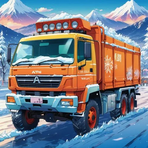 A 1990s truck vehicle prepared for snow and ice situations.,an orange truck with mountains and trees in the background,christmas truck,kamaz,unimog,russian truck,winter service,christmas pick up truck