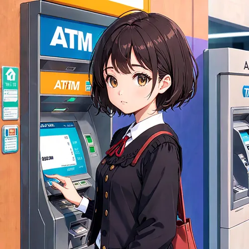 Cute adorable black short hair woman with brown eyes, checking the bank atm,automated teller machine,vending machine,cash point,atm,bank card,parking machine,credit card,vending machines,convenience s