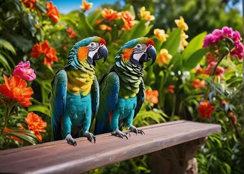 Vibrant colorful parrots, stochastic movement, playful interactions, sunny day, clear blue sky, fluffy white clouds, lush green trees, exotic flowers, garden bench, warm lighting, shallow depth of fie